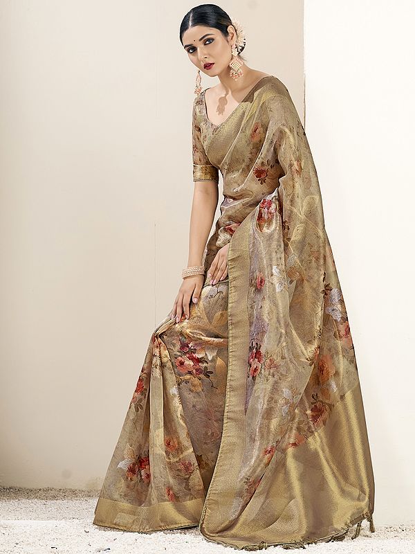 Zari Woven Digital Printed Organza Tissue Silk Saree with Blouse and Rich Pallu