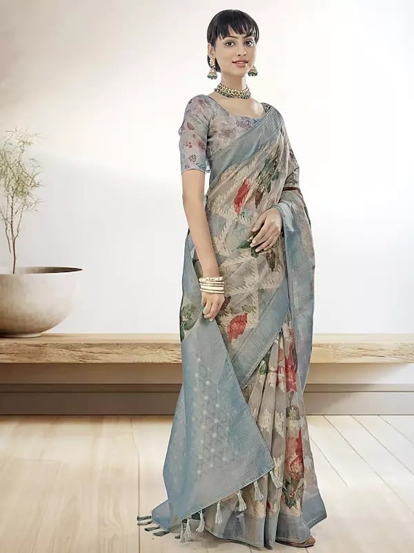 Floral Motif Digital Printed Organza Tissue Silk Saree with Blouse and Tassels Pallu