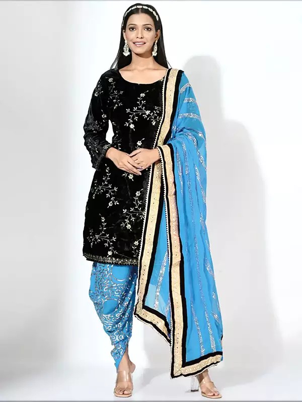 Night-Black Viscose Velvet And Micro Cotton Inner Embroidered Patiala Salwar-Suit With Faux Georgette Dupatta