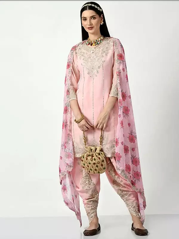 Light Rose Faux Georgette and Micro Cotton Inner Embellished Sequins Patiala Salwar-Suit with Faux Georgette Dupatta