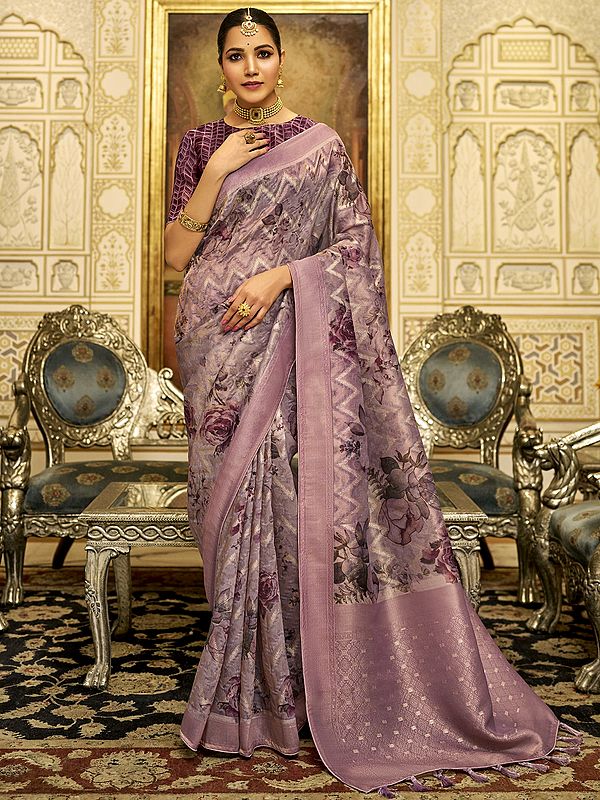 Floral Motif Digital Printed Zari Woven Saree in Organza Tissue Silk for Women