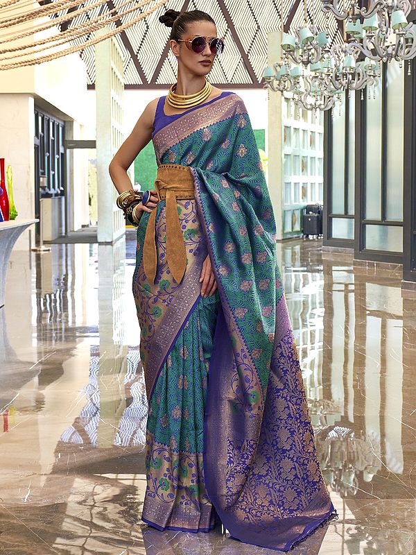 Floral Print Self Contrast Handloom Chaap Weaving Silk Saree with Blouse
