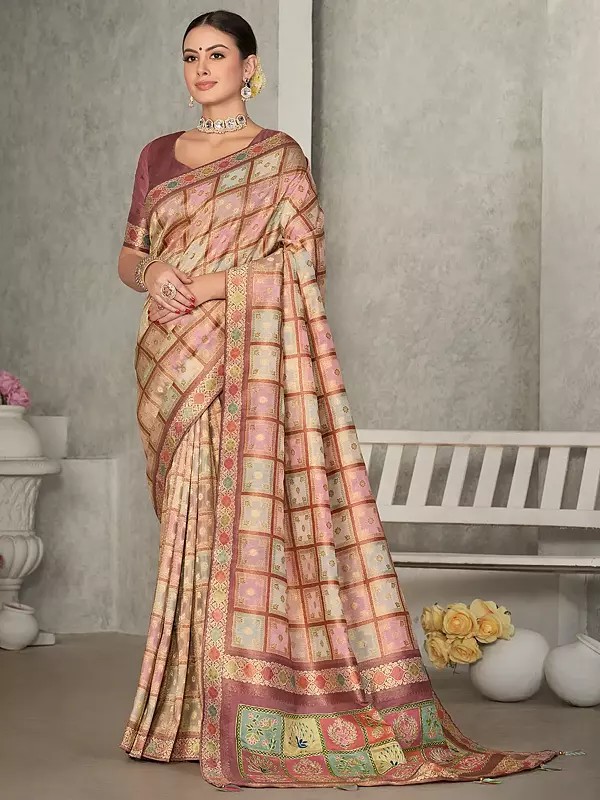 Light Pink Checks Pattern Rangkat Tussar Silk Saree with Blouse and Tassels Pallu
