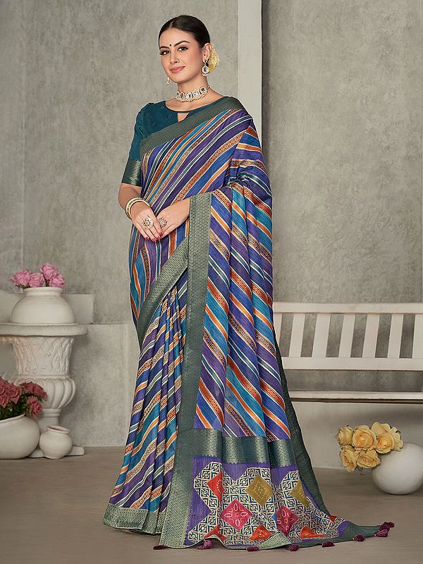 Multi Colored Leheriya Pattern Thread Embroidered Tussar Silk Saree for Women's