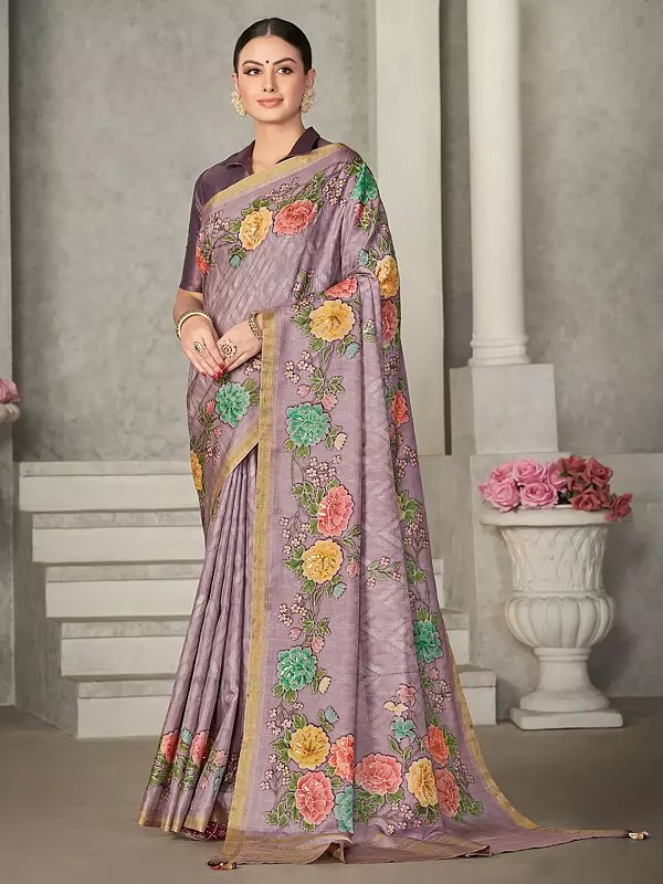 Light Mauve Floral Pattern Sequence Embroidered Tussar Silk Saree with Blouse