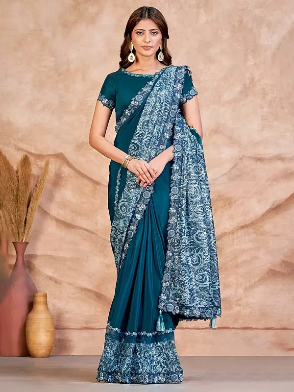 Traditional Sequence Embroidered Satin Crepe Silk Saree in Venice-Blue with Blouse