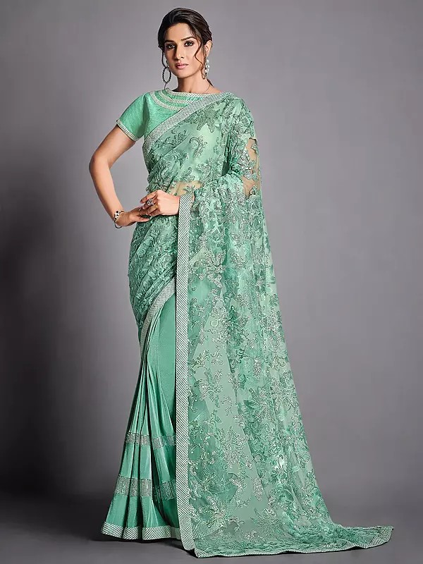 Lycra Pearl Aqua Floral Net Sequins Embroidered Saree With Raw Silk Blouse