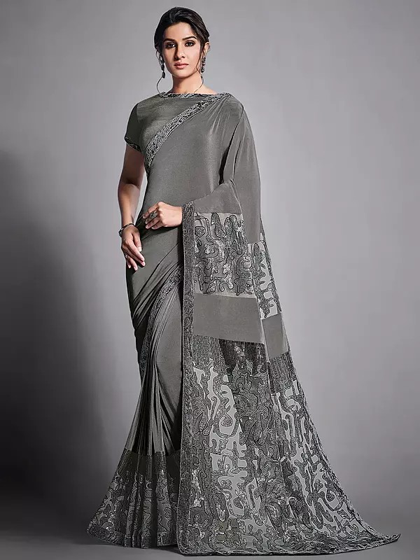 Lycra Dove Grey Sequins Embroidered Saree And Net Pallu With Raw Silk Blouse