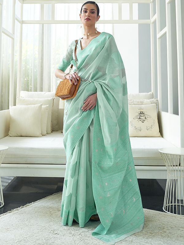Charming Turquoise Saree with Chickankari Lucknowi Weaving with Blouse