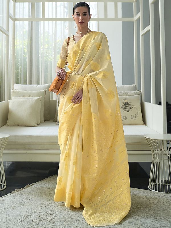 Pastel-Yellow Chickankari Lucknowi Weaving Saree with Blouse for Women