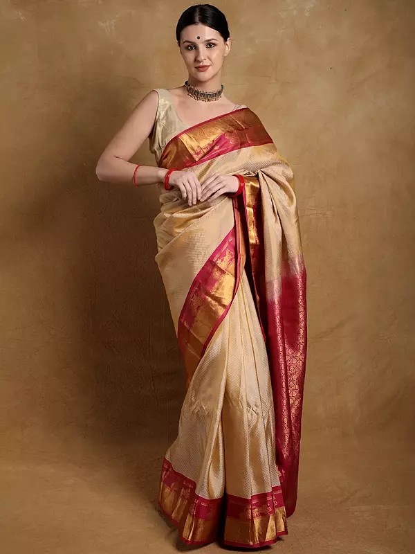 Rattan-Beige Pure Silk Saree from Bangalore with Brocaded King Riding Chariot on Border