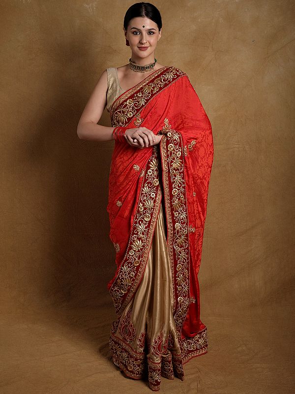 Patla-Pallu Bridal Saree with Zardozi Embroidered Patch Border and Crystals