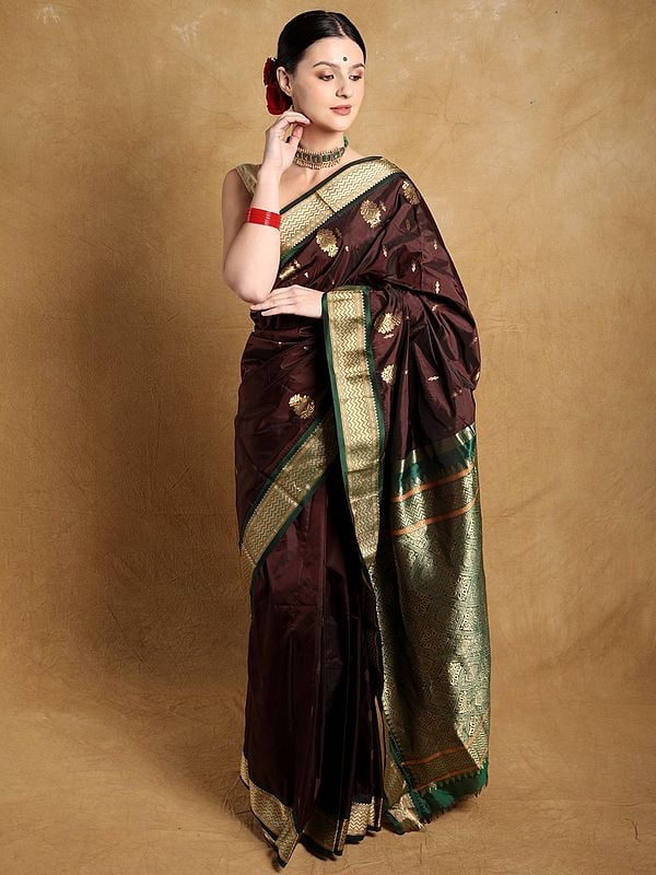 Mauve-Wine Pure Silk Handloom Saree from Bangalore with Contrast Chevron Pattern Border