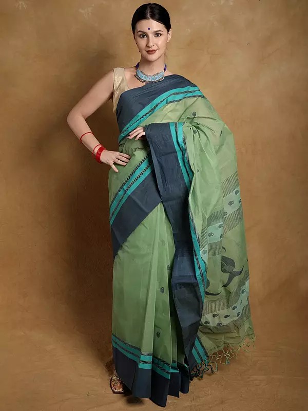 Zephyr-Green Pure Cotton Jamdani Saree from Bengal with Woven Motifs on Anchal