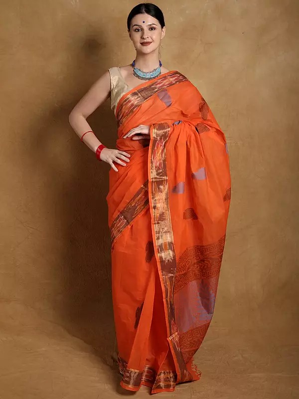 Vermillion-Orange Kalka Cotton Saree with Ikat Border