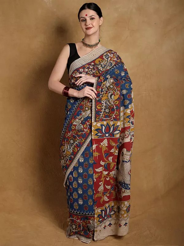 Kalamkari Pure Cotton Saree from Telangana with Hand-Painted Buddha Heads