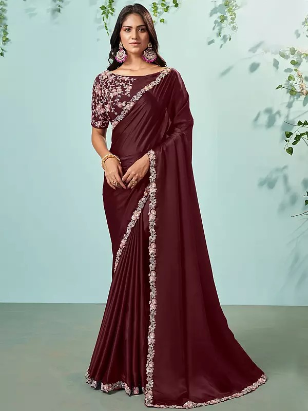 Crepe Cord Embroidered Silk Saree With Moti In Floral Border And Blouse