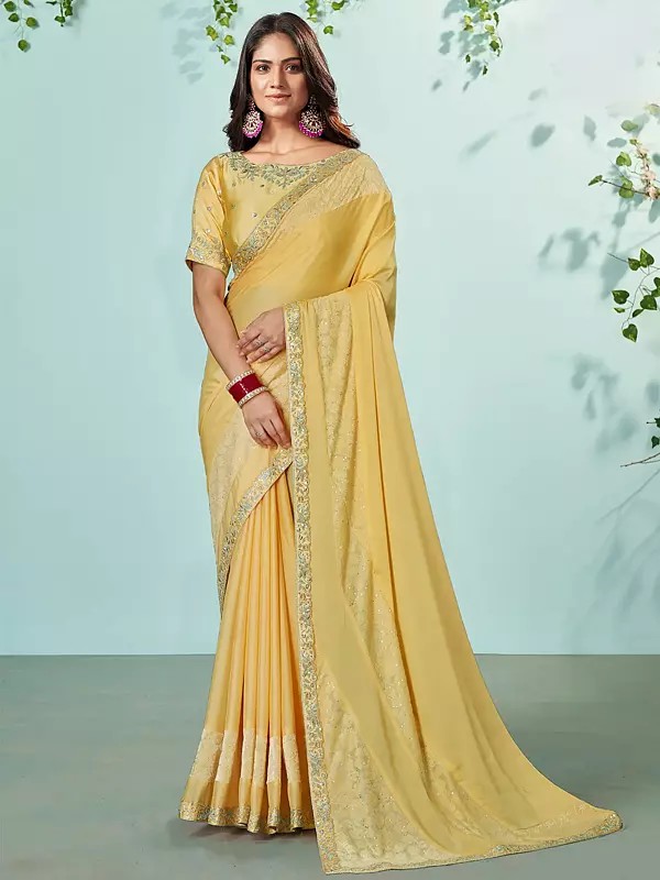 Harvest-Gold Georgette Cord Embroidered Floral Border Saree With Japan Crepe Blouse