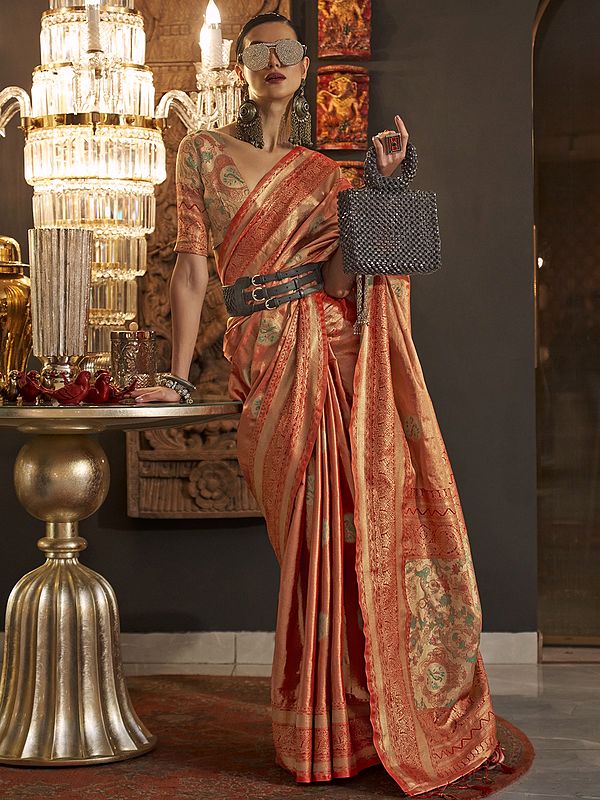 Women's Zari Base Handloom Weaving Silk Saree with Floral Design and Tassels