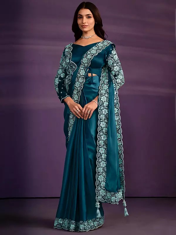 Blue Whale Crepe Satin Silk Embroidered Tassel Saree And Floral Border With Stitched Blouse
