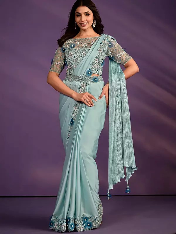 Light Sea Green Crepe Satin Silk Embroidered Tassel Saree And Moti Work In Border With Flower Design Blouse