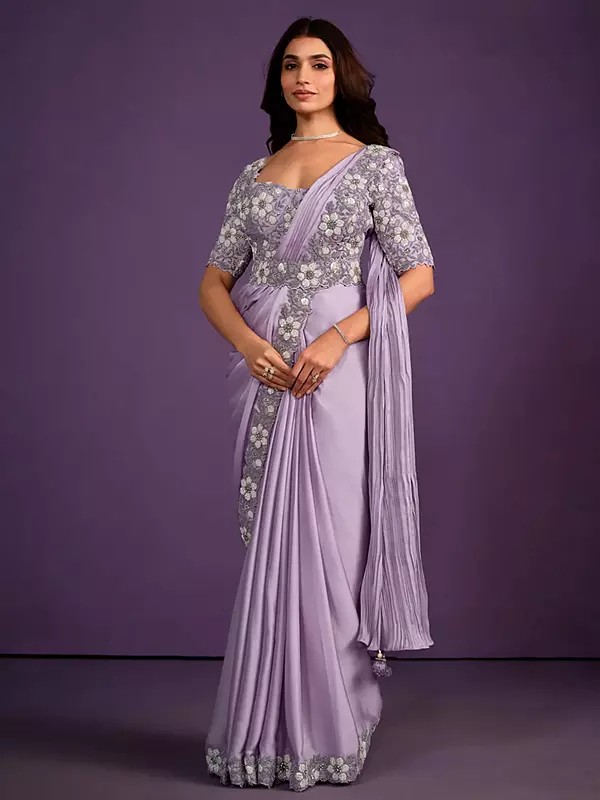 Lavender Crepe Satin Silk Sequence Cord Tassel Saree With Floral Desing In Boder And Blouse