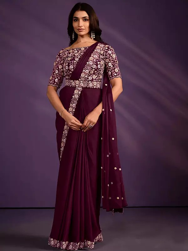 Wine Crepe Satin Silk Thread Embroidered & Moti Saree With Floral Border And Blouse