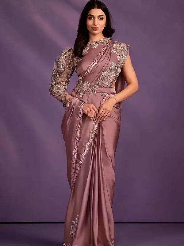 Dusty Rose Crepe Satin Silk Thread Embroidered Flower Saree With Right Net Sleeve In Blouse