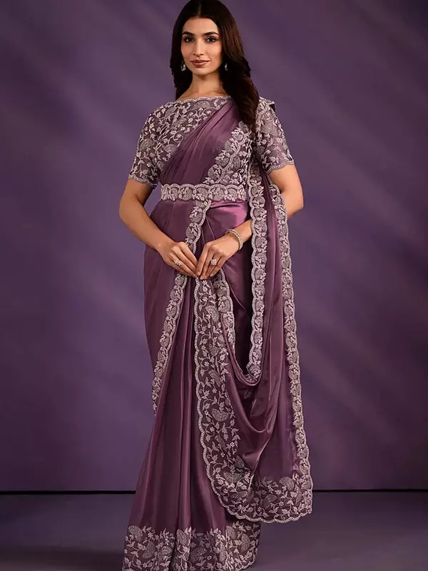 Dirty Purple Crepe Satin Silk Cord & Thread Embroidered Saree And Flower Motif In Border And Pallu