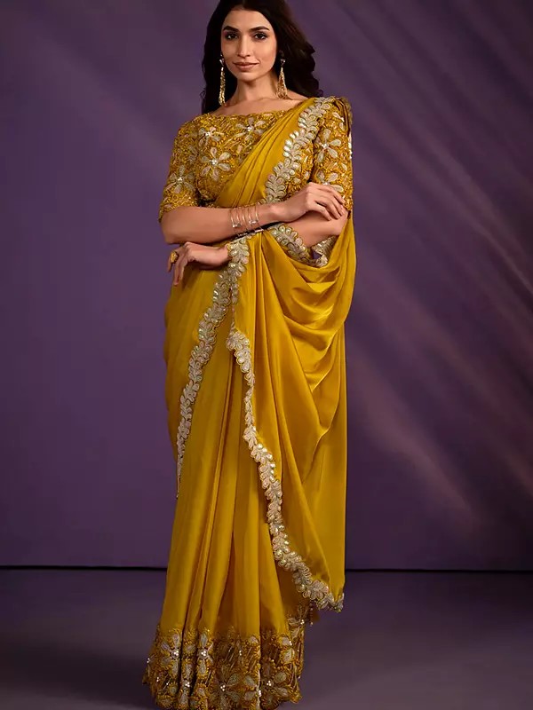 Mustard Crepe Satin Silk Embroidered Moti Saree With Stitched Blouse