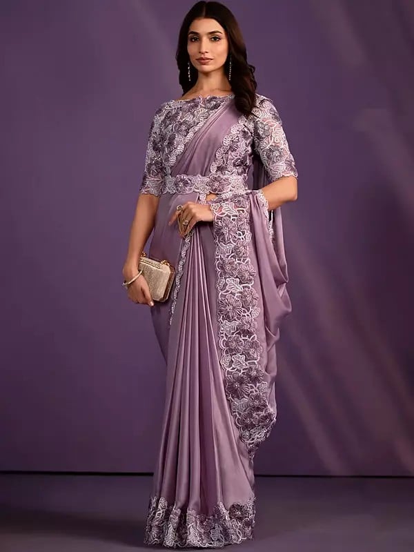 Light Mauve Crepe Satin Silk Saree And Floral Embroidered In Border And Blouse