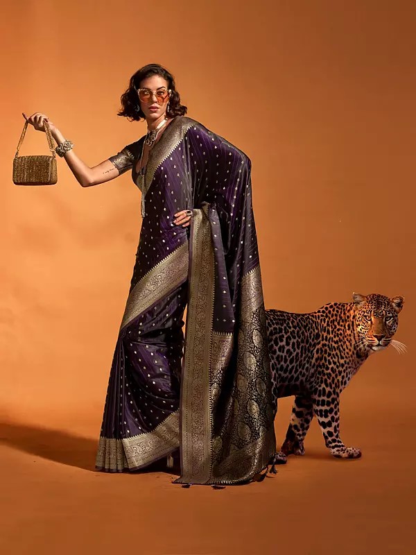 Satin Weaving Tassels Silk Saree And Paisley-Floral Patern In Golden Border And Pallu With Blouse