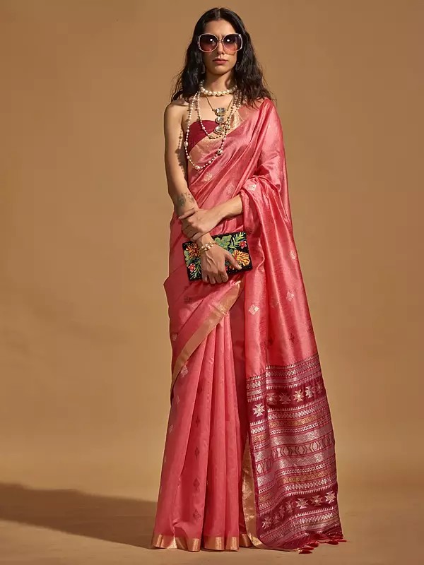 Handwoven Tassel Silk Wedding Wear Saree And Golden Border With Blouse