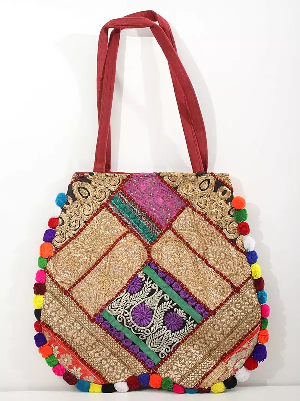 Patchwork Zari Embroidered Shoulder Bag with Pom Poms