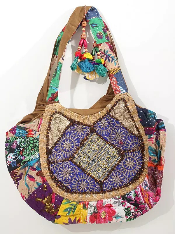 Handcrafted Patchwork Shoulder Bag with Zari Embroidery