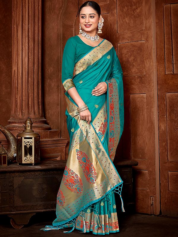 Traditional Wear Floral Print Paithani Silk Saree with Contrast Border and Tassels On Pallu