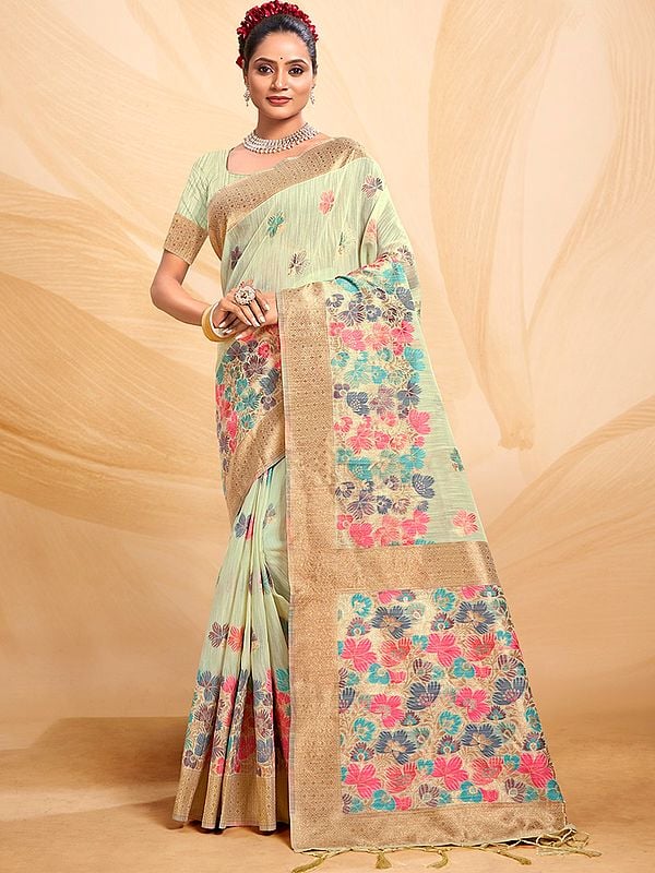 Designer Women's Cotton Saree with Floral Pallu and Tassels