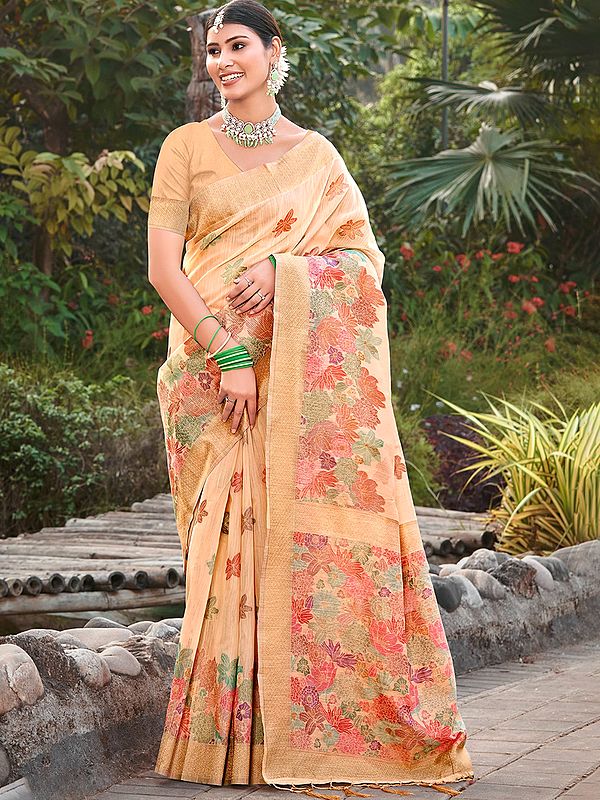 Multi-Color Floral Print Cotton Saree for Women with Blouse