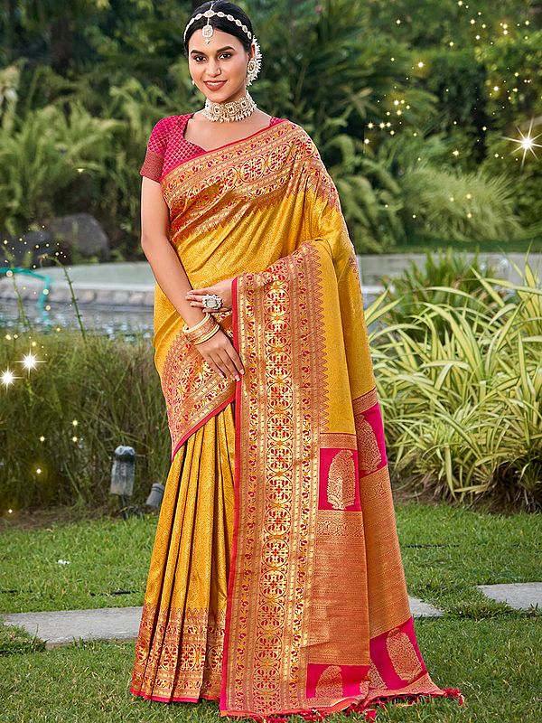 Wedding Wear Zari Woven Kanjivaram Silk Saree with Broad Peacock Border