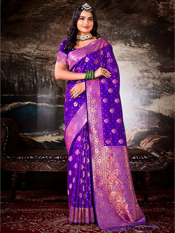 Women's Ethnic Zari Butta Woven Silk Saree with Contrast Pallu and Blouse