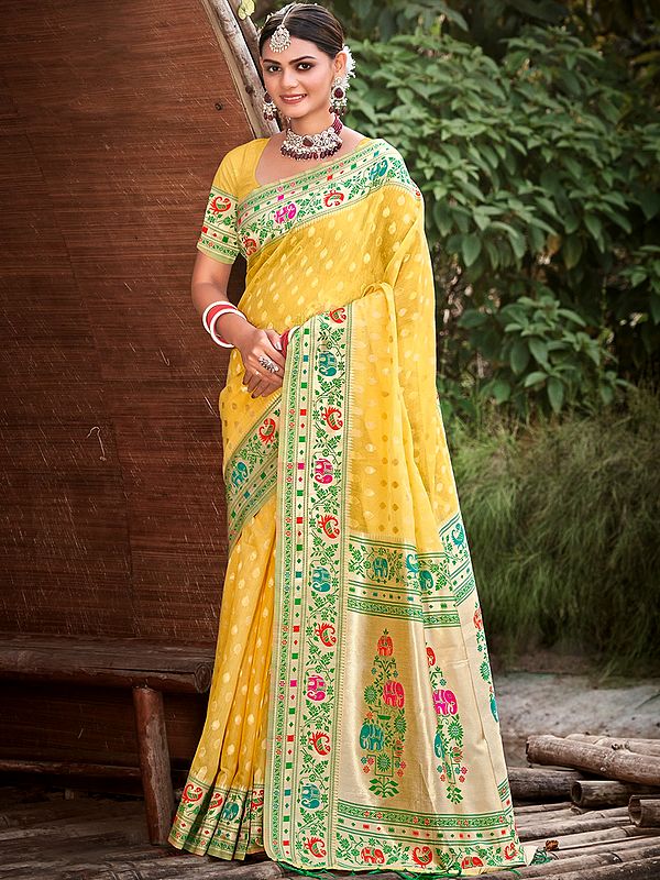 Traditional Design Paithani Silk Saree with Elephant Motifs and Tassels
