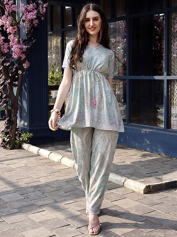 Sky-Blue Rayon Co-Ord Set with Printed Paisley Pattern