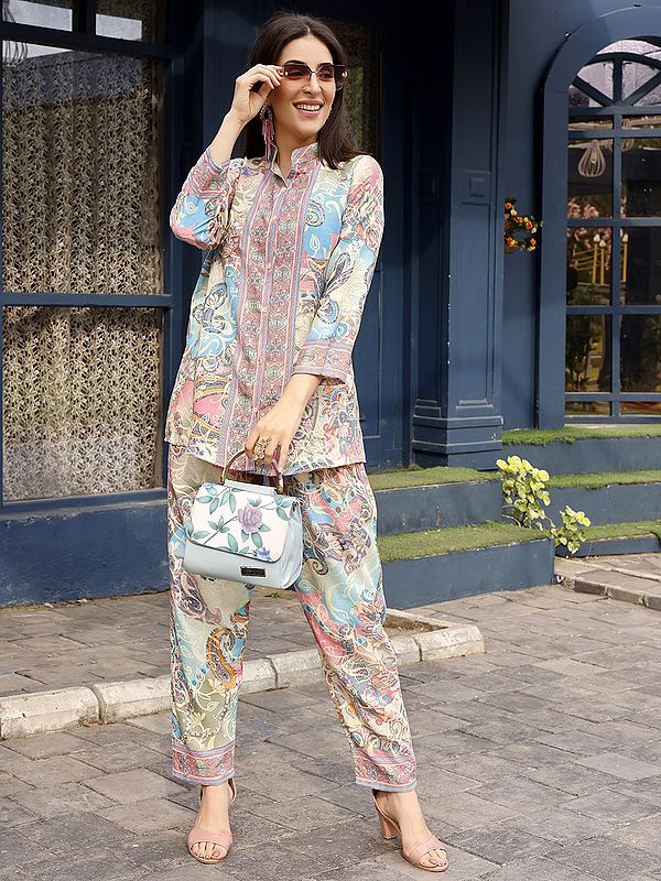 Beige and Pink Designer Paisley Printed Rayon Co-Ord Set in Mandarin Collar