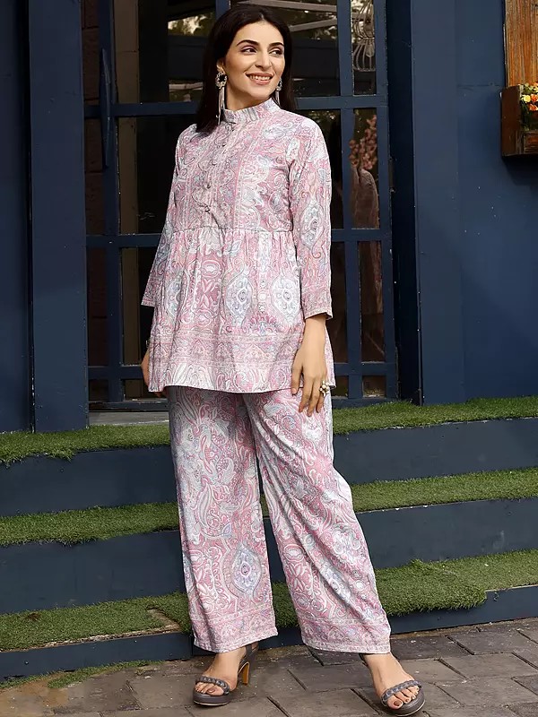 Light-Pink Over Floral Printed Rayon Co-Ord Set