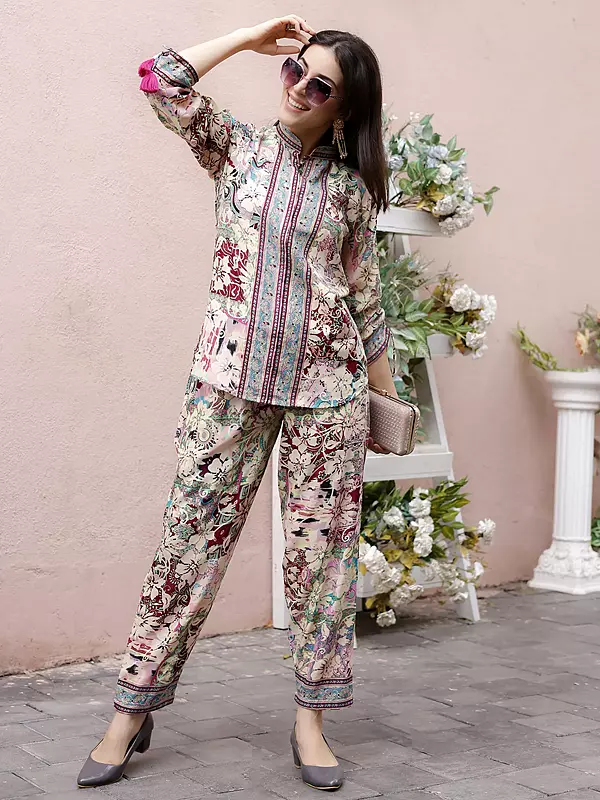 Beige Floral Printed Rayon Co-Ord Set