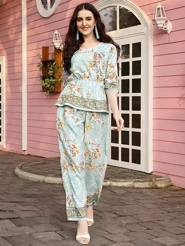 Mint-Blue Rayon Paisley Pattern Printed Co-Ord Set with Floral Border