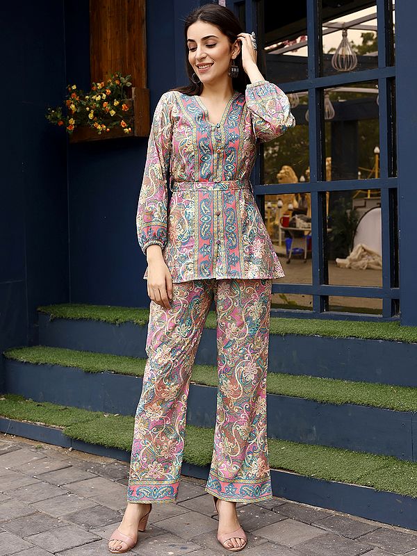Pink Rayon Co-Ord Set with Floral Pattern Print for Women