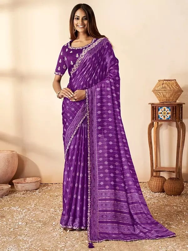 Palatinate Purple Designer Sequence Gajji Silk Saree with Tassels Pallu and Blouse