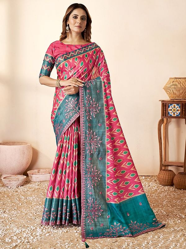 Brink Pink Thread Woven Silk Saree with Wide Pallu and Blouse