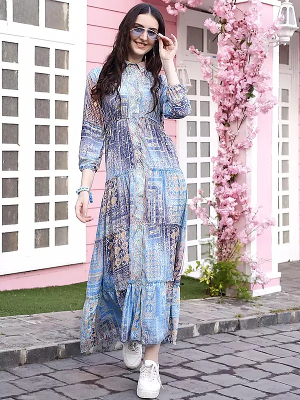 Light-Blue Printed Crepe Long Dress with Mandarin Collar